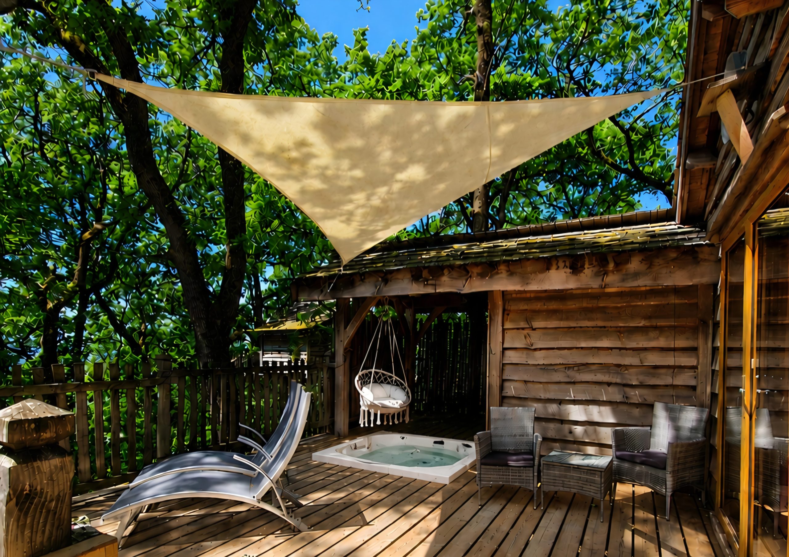 Cabane dans les arbres avec spa privatif, hébergement insolite, au Domaine de Pech & Lafon en Lot-et-Garonne